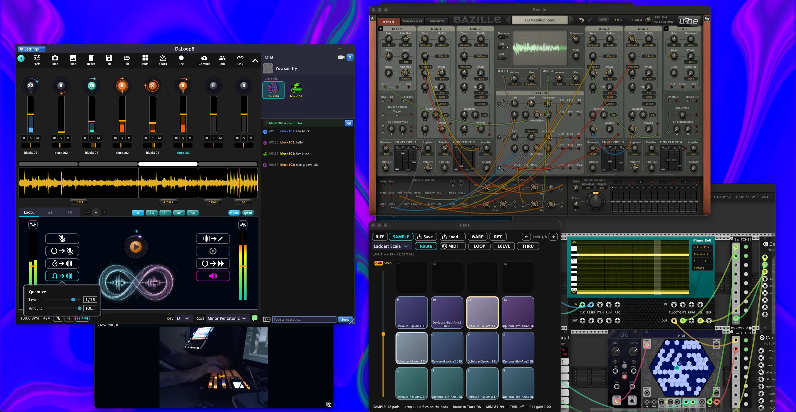 A DaLoop8 session in full flight: the looper and chat, a synth, the pads, a video feed of the player and a modular rack