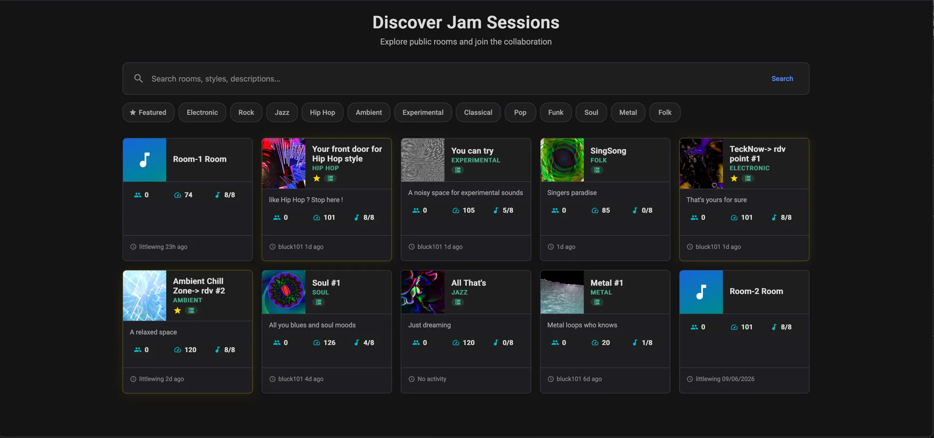 Browsing live DaLoop8 jam rooms