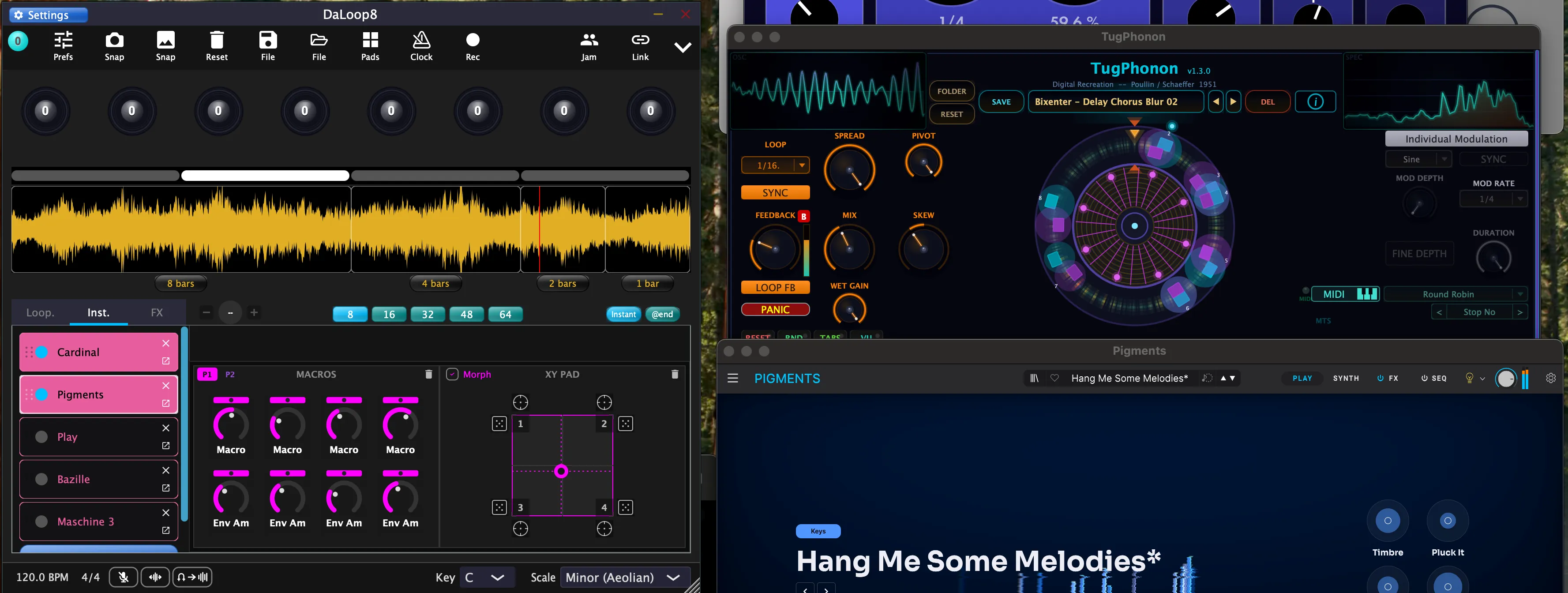 DaLoop8 hosting five instrument plugins, their editors open across the desktop